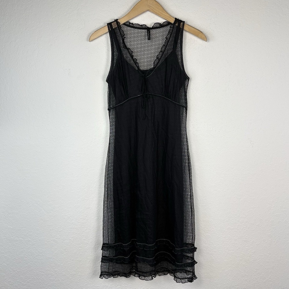 Vtg Y2K Poleci S Babydoll Slip Dress Midi Black Sheer Whimsigoth Witchy Prairie